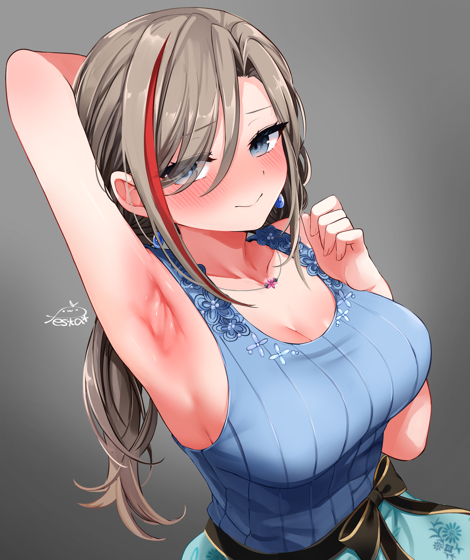 1girl, arm_behind_head, arm_up, armpits, artist_name, bare_shoulders, blue_eyes, blush