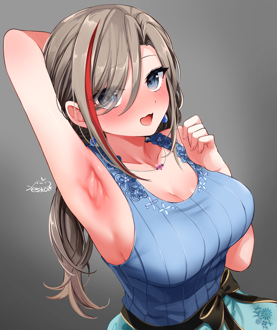 1girl, arm_behind_head, arm_up, armpits, artist_name, bare_shoulders, blue_eyes, blush