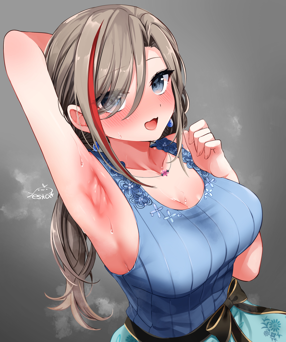 1girl, arm_behind_head, arm_up, armpits, artist_name, bare_shoulders, blue_eyes, blush