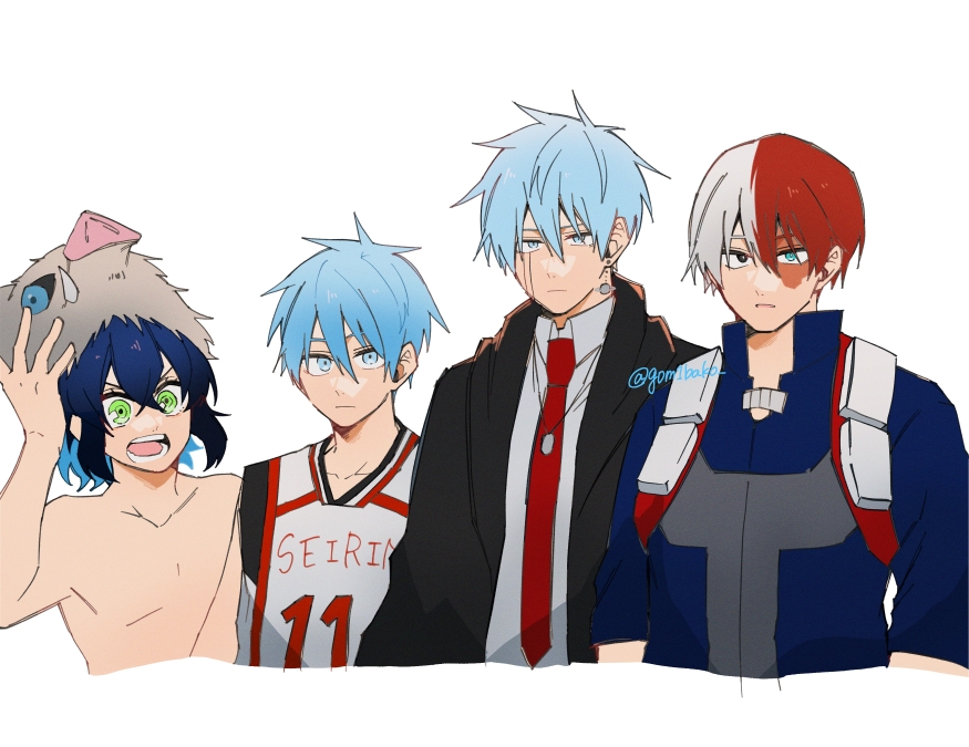 4boys, :d, basketball_uniform, black_robe, blue_hair, blue_shirt, boku_no_hero_academia, burn_scar
