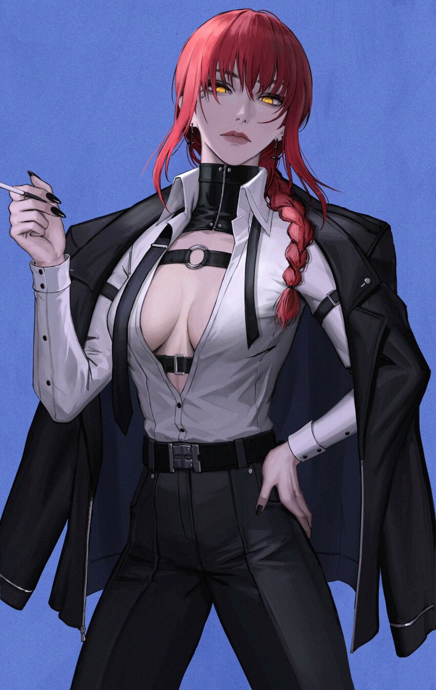 1girl, alternate_costume, belt, black_belt, black_jacket, black_nails, black_pants, blue_background