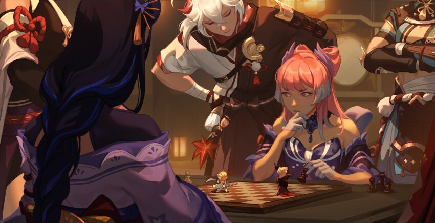 2boys, 3girls, absurdres, aina_(mayexplode), armor, bandaged_arm, bandaged_hand, bandages, bare_shoulders, black_bodysuit, blonde_hair, blue_horns, blunt_bangs, board_game, bodysuit, bow-shaped_hair, braid, single_breast_curtain, cape, chess, chess_piece, chessboard, colored_tips, crossed_arms, crossed_bangs, detached_collar, detached_sleeves, dress, fighting_stance, flower, frilled_sleeves, frills, genshin_impact, gloves, gorou_(genshin_impact), gradient_hair, hair_flower, hair_ornament, hakama, half_gloves, hands_on_own_hips, head_out_of_frame, highres, holding, holding_sword, holding_weapon, horns, indoors, japanese_armor, japanese_clothes, kaedehara_kazuha, kimono, kujou_sara, leaf, leaning_forward, looking_to_the_side, low-braided_long_hair, low-tied_long_hair, lumine_(genshin_impact), maple_leaf, multicolored_hair, multiple_boys, multiple_girls, pink_hair, purple_eyes, purple_hair, purple_kimono, raiden_shogun, red_cape, red_rope, rope, sangonomiya_kokomi, scarf, short_hair_with_long_locks, sidelocks, signora_(genshin_impact), single_braid, sitting, standing, streaked_hair, sword, tassel, weapon, white_dress, white_flower, white_gloves, white_hakama, white_scarf, wide_sleeves