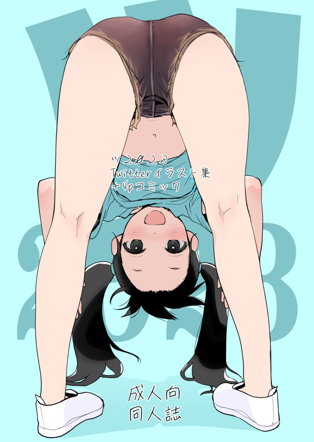 1girl, ass, bent_over, black_hair, black_shorts, blue_shirt, brown_eyes, denim