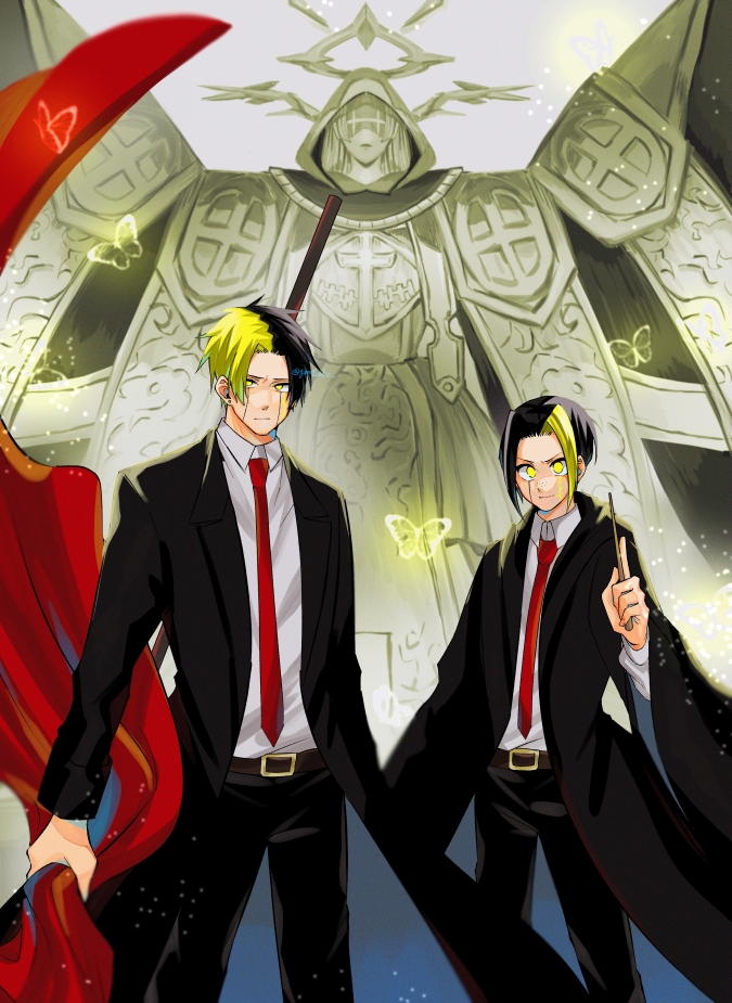 2boys, belt, black_hair, black_pants, black_robe, blonde_hair, brothers, brown_belt, butterfly_sanitatem, closed_mouth, collared_shirt, facial_mark, finn_ames, genjitsu_o_miro, holding, holding_wand, male_focus, mashle, multiple_boys, necktie, open_clothes, open_robe, pants, rayne_ames, red_necktie, robe, shirt, shirt_tucked_in, short_hair, siblings, smile, wand, white_shirt, yellow_eyes