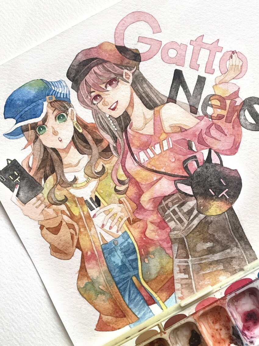 2girls, bag, beret, black_hair, brown_coat, newsboy_cap, cellphone, coat