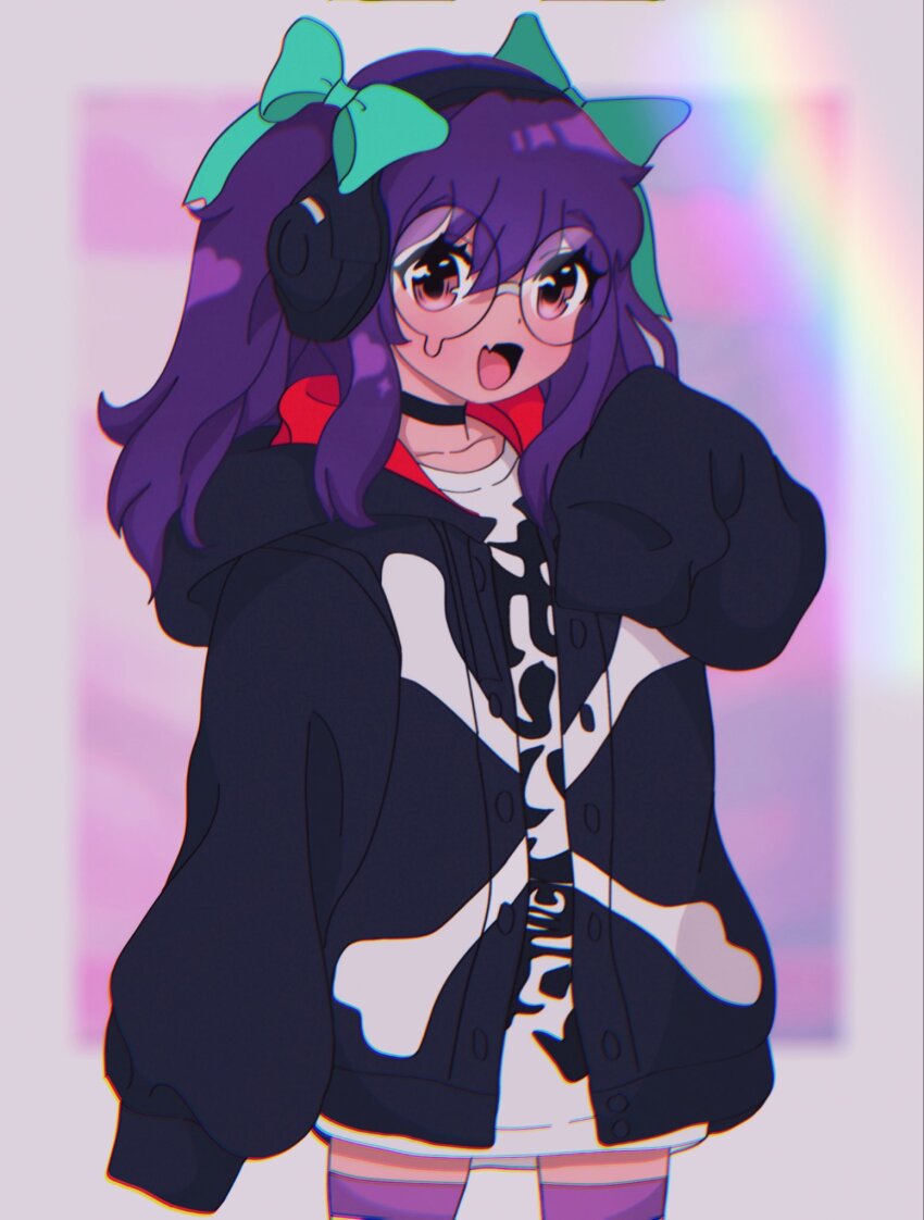 1girl, bito_daisukenojo_(cosplay), black_hoodie, cosplay, fang, glasses, green_ribbon, hair_ribbon