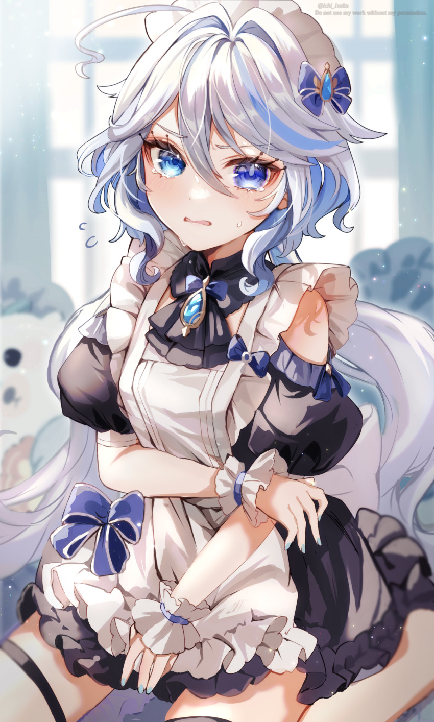 1girl, alternate_costume, apron, ascot, black_ascot, black_dress, blue_bow, blue_eyes