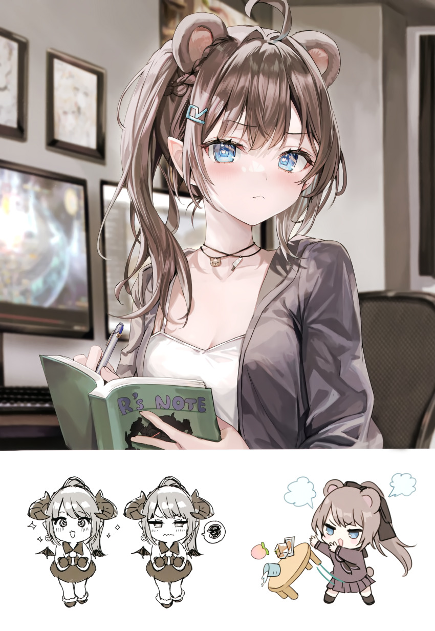 2girls, absurdres, ahoge, animal_ears, aru_(momoko), bear_ears, blue_eyes, blush