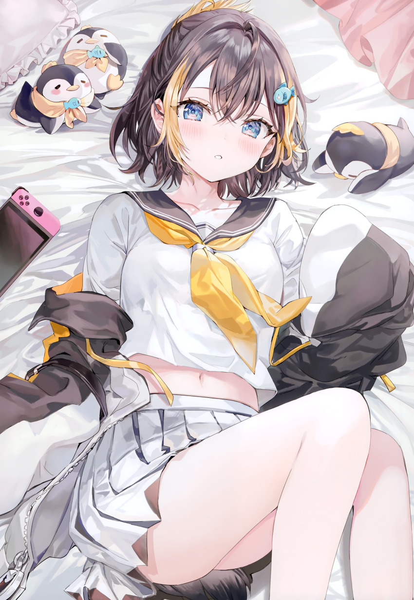 1girl, absurdres, black_hair, black_sailor_collar, blue_eyes, blush, fish_hair_ornament, hair_ornament