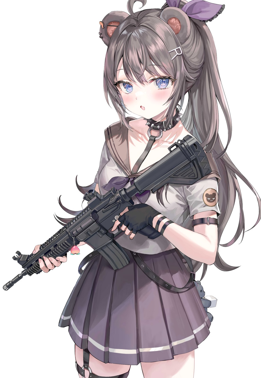 1girl, absurdres, animal_ears, aru_(momoko), bear_ears, black_gloves, blue_eyes, bracelet, breasts, brown_hair, collarbone, collared_shirt, fingerless_gloves, gloves, gun, hair_ornament, high_ponytail, highres, holding, holding_weapon, jewelry, letter_hair_ornament, long_hair, looking_at_viewer, medium_breasts, momoko_(momopoco), open_mouth, original, pleated_skirt, ponytail, sailor_collar, scan, school_uniform, shirt, simple_background, skirt, solo, spiked_bracelet, spikes, thigh_strap, weapon, white_background