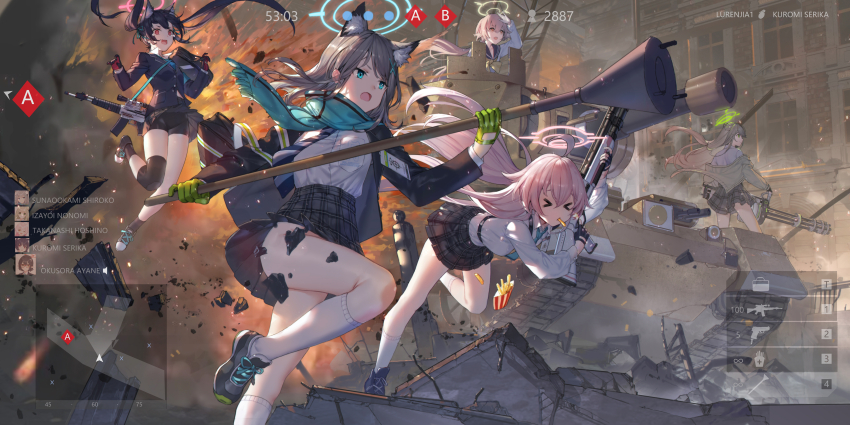 >_<, 5girls, absurdres, ahoge, animal_ear_fluff, animal_ears, anti-tank_grenade, assault_rifle, ayane_(blue_archive), battlefield_(series), battlefield_v, beretta_1301, beretta_ar70/90, bike_shorts, bike_shorts_under_skirt, black_hair, blazer, blue_archive, blue_eyes, blue_necktie, blue_scarf, blurry, bow, brown_eyes, brown_hair, bullet, cardigan, cat_ears, cat_girl, collared_shirt, commentary_request, crusader_(tank), depth_of_field, explosion, explosive, fire, food, french_fries, gatling_gun, gloves, green_eyes, green_gloves, grenade, grey_hair, gun, hair_between_eyes, hair_bow, hair_ribbon, halo, hifumi_(blue_archive), highres, holding, holding_gun, holding_weapon, hoshino_(blue_archive), jacket, knee_pads, long_hair, long_sleeves, lunge_mine, m134_minigun, medium_hair, military_vehicle, mismatched_pupils, motor_vehicle, mouth_hold, multiple_girls, necktie, no_panties, nonomi_(blue_archive), open_cardigan, open_clothes, outdoors, pink_hair, plaid_clothes, plaid_skirt, pleated_skirt, red_eyes, red_gloves, ribbon, riding, rifle, rubble, scarf, school_uniform, serafuku, serika_(blue_archive), shiroko_(blue_archive), shirt, shoulder_strap, sidelocks, skirt, swd3e2, tank, twintails, two-tone_gloves, user_interface, weapon, wind, wolf_ears, wolf_girl