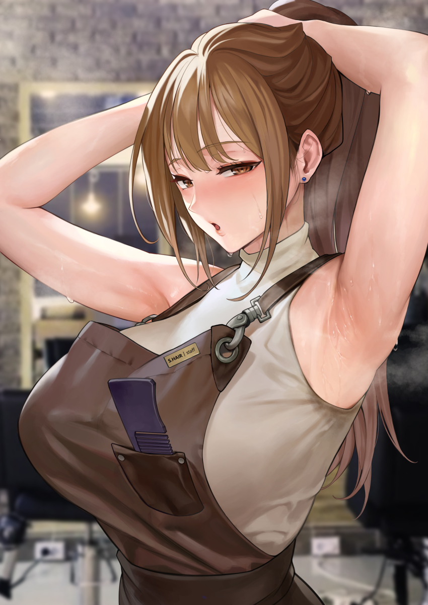 1girl, absurdres, apron, armpits, arms_up, blurry, breast_pocket, breasts, brown_apron, brown_eyes, brown_hair, comb, depth_of_field, earrings, hair_salon, highres, huge_breasts, indoors, jewelry, long_hair, looking_at_viewer, mature_female, mute_(mute89539160), open_mouth, original, pocket, ponytail, sleeveless, sleeveless_sweater, steaming_body, sweat, sweater, textless_version, tying_hair, upper_body, white_sweater