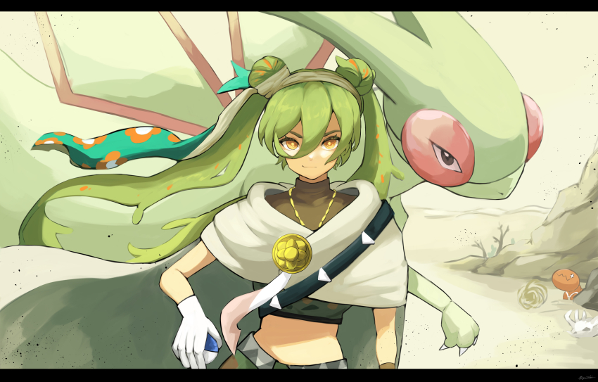 1girl, absurdres, belt, brown_shirt, cloak, closed_mouth, commentary, crossover, desert, double_bun, eyelashes, floating_hair, flygon, gen_3_pokemon, gloves, great_ball, green_hair, ground_miku_(project_voltage), hair_between_eyes, hair_bun, hair_ribbon, hatsune_miku, highres, holding, holding_poke_ball, long_hair, looking_at_viewer, nintendo, outdoors, pants, poke_ball, pokemon, pokemon_(creature), project_voltage, ribbon, sand, shirt, smile, trapinch, twintails, vocaloid, white_gloves, yellow_eyes, yuu_(yuu777hh)