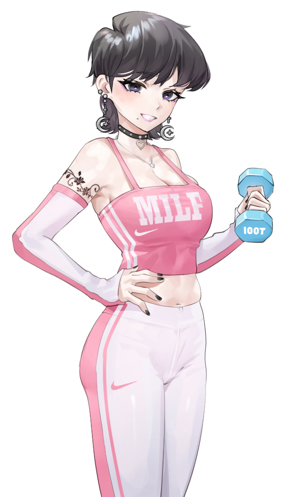 1girl, arm_tattoo, arm_warmers, black_eyes, black_hair, black_nails, breasts, cleavage