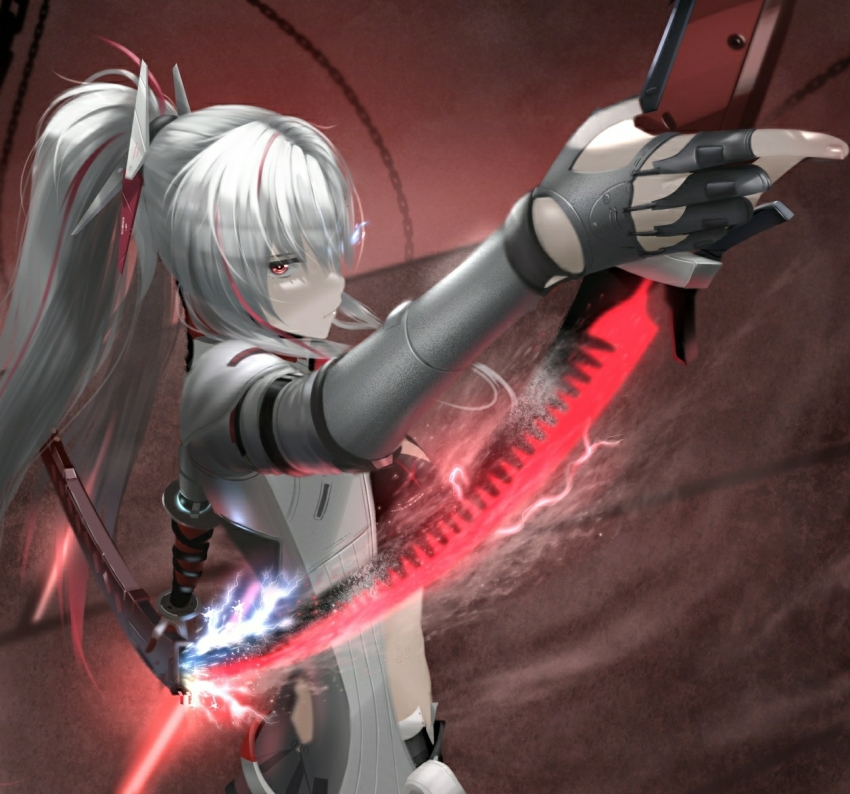 alpha_(pgr), armor, blade, cloak, gloves, holding, holding_sword, holding_weapon, katana, alpha:_crimson_weave_(pgr), lucia_(pgr), mechabare, ponytail, punishing:_gray_raven, red_eyes, saif_artz, shoulder_armor, sword, weapon, white_cloak, white_hair