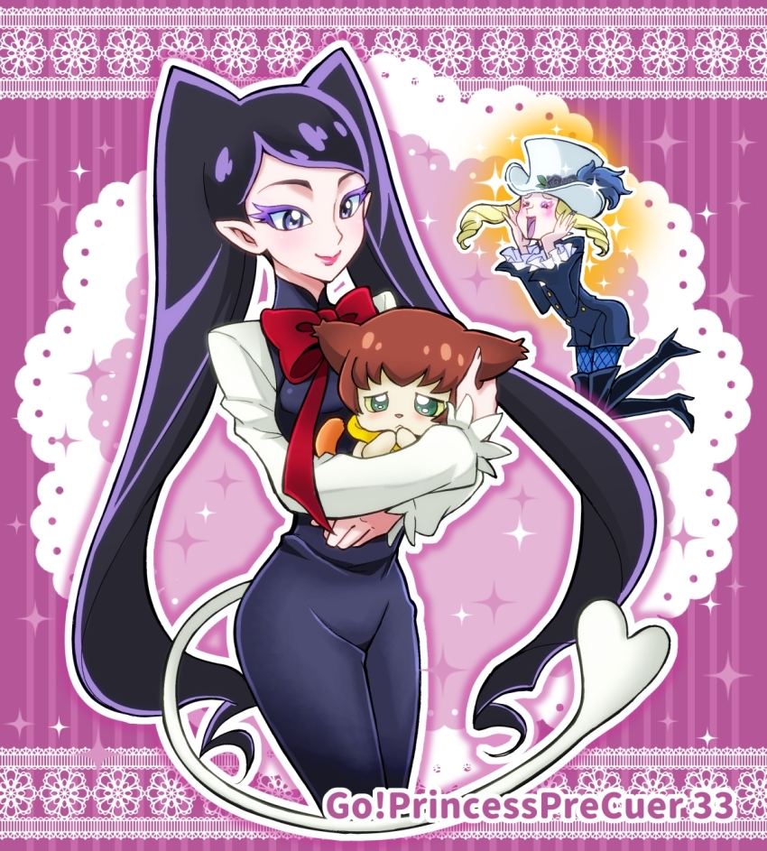 1girl, 2boys, animal_ears, black_hair, blonde_hair, blush, boots, bow