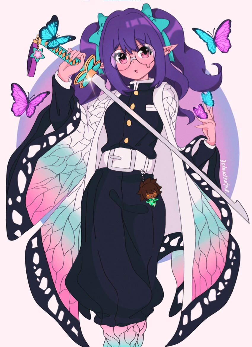 1girl, belt, cosplay, female_focus, fumo_(doll), glasses, green_ribbon, haori, highres, japanese_clothes, joshuathefruit, katana, kimetsu_no_yaiba, kochou_shinobu, kochou_shinobu_(cosplay), looking_at_viewer, orange_eyes, pointy_ears, purple_hair, ribbon, robe, round_eyewear, shin_subarashiki_kono_sekai, solo, subarashiki_kono_sekai, sword, twintails, usui_nagi, weapon