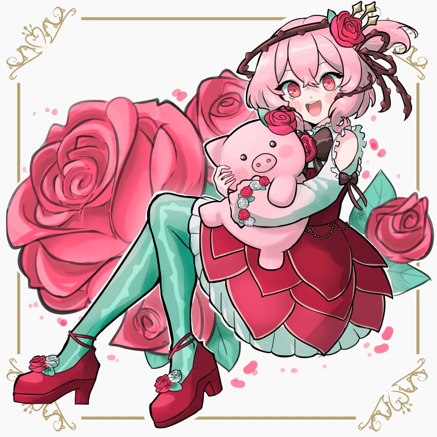 1girl, absurdres, animal, blush_stickers, clothing_cutout, dress, flower, full_body