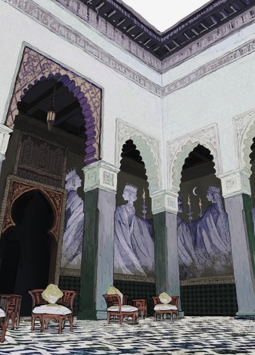 architecture, candle, ceiling, chair, closed_eyes, crescent_moon, crown, drawing_(object)