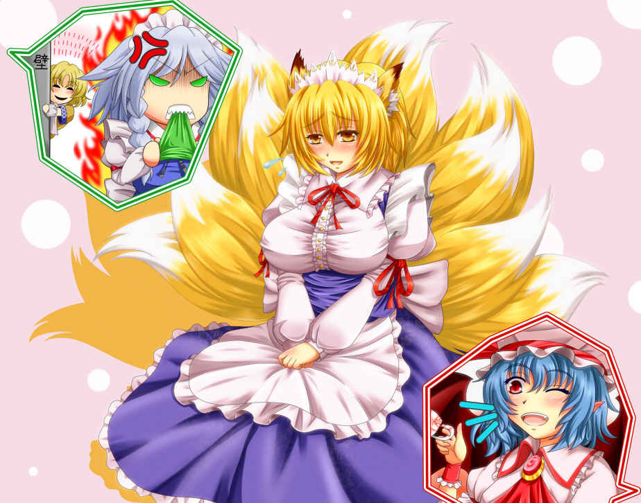 4girls, alternate_costume, angry, animal_ears, apron, archienemy, biting, blonde_hair