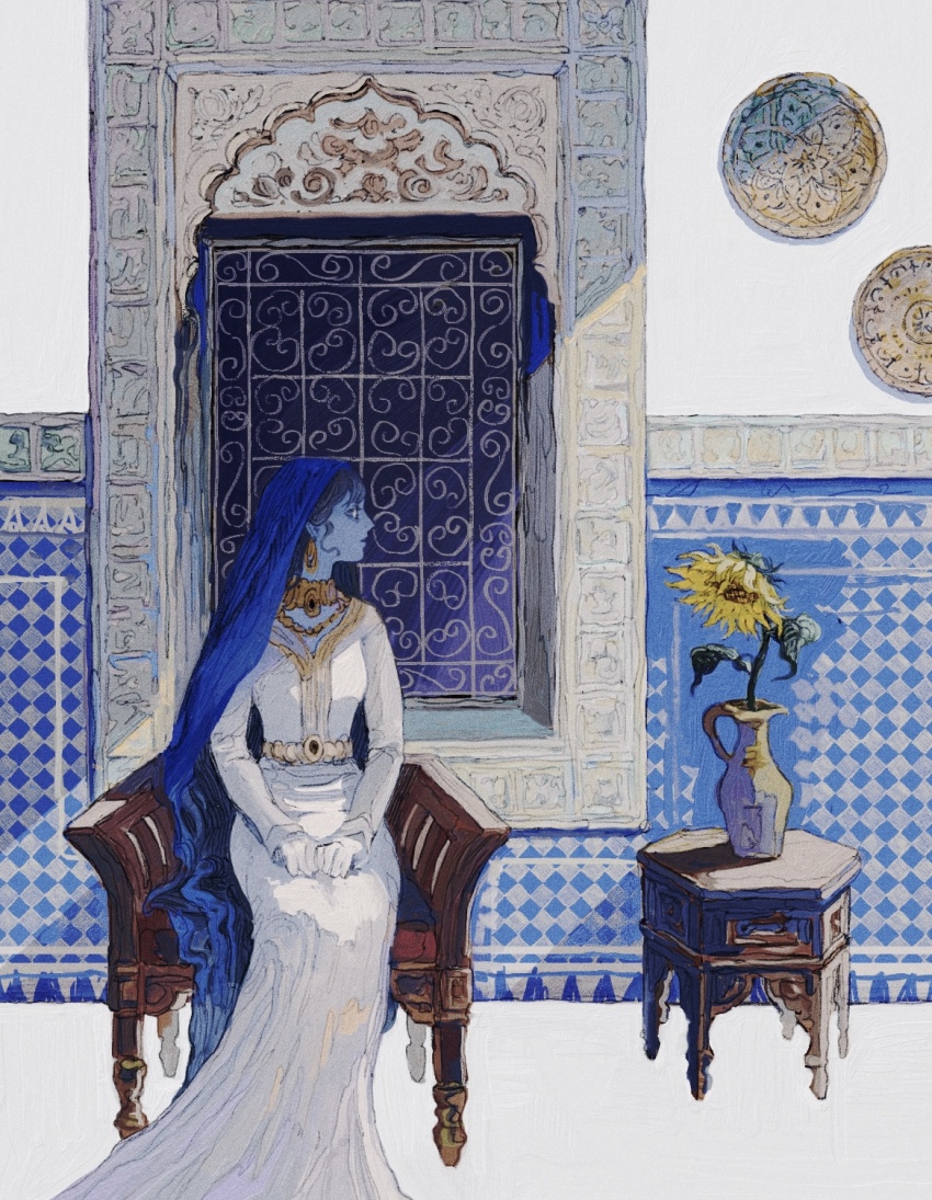 1girl, amazigh_clothes, artist_name, black_hair, chair, closed_mouth, dress, earrings