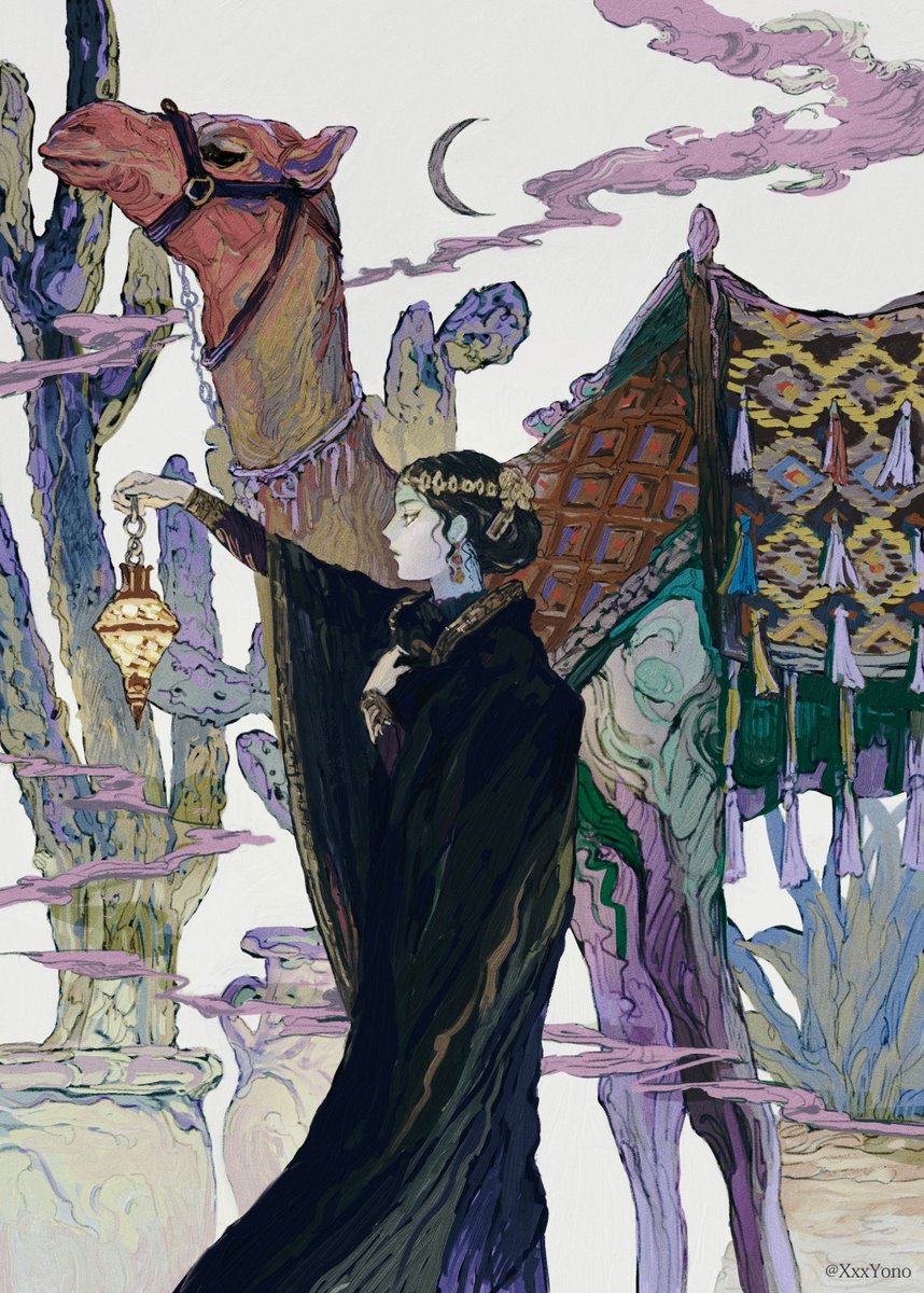 1girl, amazigh_clothes, artist_name, black_hair, cactus, camel, closed_mouth, cloud