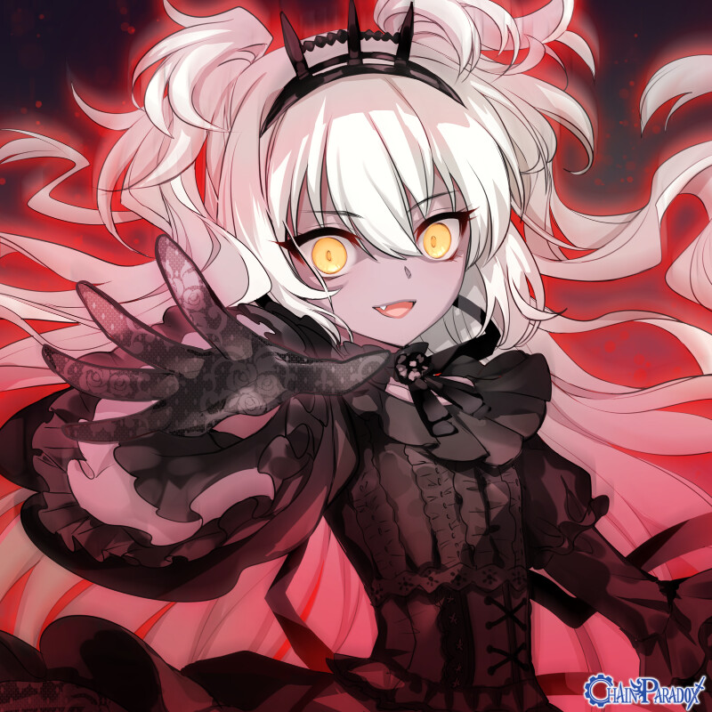 1girl, alexandra_lieven, black_dress, black_gloves, blonde_hair, chain_paradox, copyright_name, dark_skin, dress, fang, gloves, hand_up, long_hair, long_sleeves, solo, takase_ao, upper_body, very_long_hair, yellow_eyes