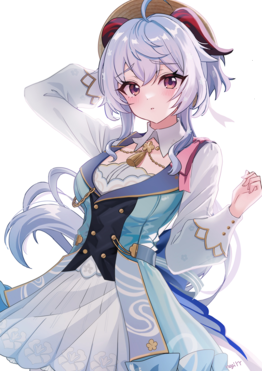 1girl, absurdres, ahoge, alternate_costume, aonegi, ayaka_(genshin_impact), blue_dress, blue_hair, blush, brown_hat, commentary_request, cosplay, dress, ganyu_(genshin_impact), genshin_impact, goat_horns, hair_between_eyes, hand_on_headwear, hat, highres, horns, kamisato_ayaka, kamisato_ayaka_(cosplay), kamisato_ayaka_(springbloom_missive), kamisato_ayaka_(springbloom_missive)_(cosplay), light_blue_hair, long_hair, long_sleeves, looking_at_viewer, low_ponytail, multicolored_dress, neck_tassel, ponytail, puffy_long_sleeves, puffy_sleeves, purple_eyes, sidelocks, simple_background, solo, tassel, white_background, white_dress