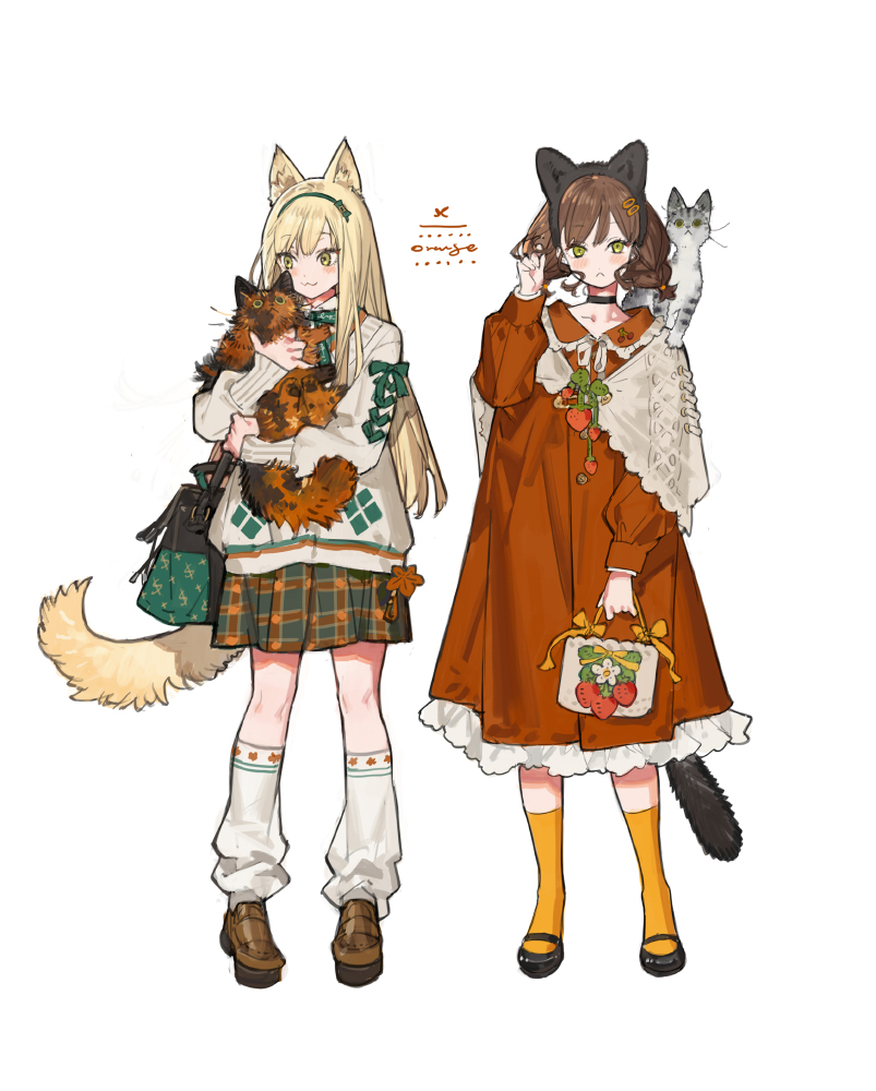 2girls, :<, :3, animal, animal_ear_hairband, animal_ears, animal_on_shoulder, arm_at_side, bag, black_choker, black_footwear, blonde_hair, bow, bowtie, braid, brown_cat, brown_footwear, brown_hair, cat, cat_ear_hairband, cat_ears, cat_girl, cat_on_shoulder, cat_tail, choker, closed_mouth, collarbone, dollar_sign, dress, fake_animal_ears, food, fruit, full_body, green_bag, green_bow, green_bowtie, green_eyes, green_hairband, grey_cat, grey_shawl, grey_sweater, hair_ornament, hairband, hairclip, hand_in_own_hair, hand_up, holding, holding_animal, holding_bag, holding_cat, kneehighs, light_blush, loafers, long_sleeves, looking_at_animal, looking_at_viewer, loose_socks, low_twin_braids, mary_janes, multiple_girls, orange_bow, original, petticoat, plaid_clothes, plaid_skirt, pleated_skirt, puffy_long_sleeves, puffy_sleeves, red_dress, shawl, shoes, short_hair, shoulder_bag, simple_background, skirt, sleeve_bow, socks, standing, starshadowmagician, strawberry, sweater, tail, tortoiseshell_cat, twin_braids, white_background, white_socks, yellow_socks