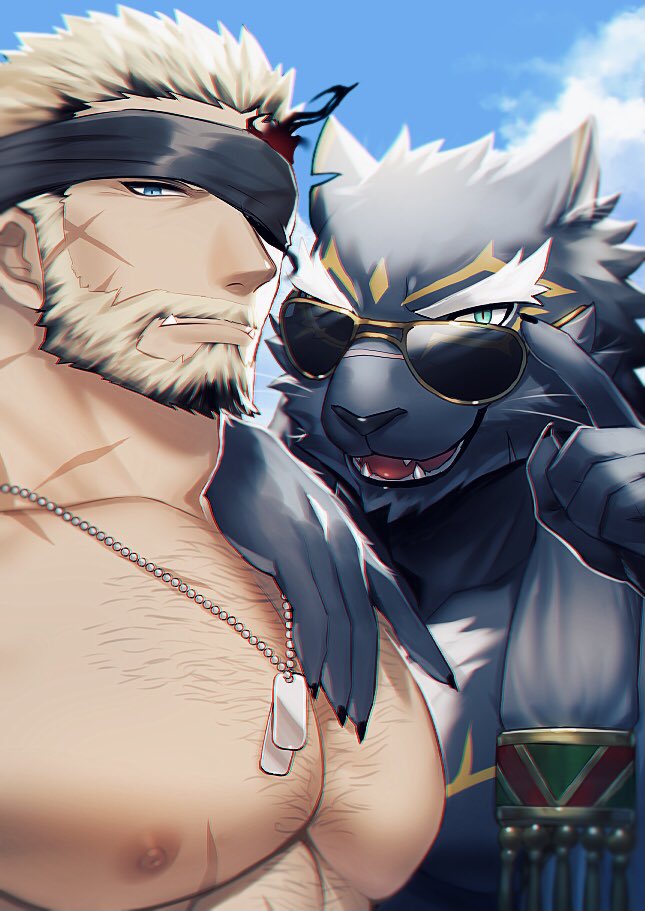 2boys, adjusting_eyewear, balor_(housamo), bara, beard, blindfold, blonde_hair, chest_hair