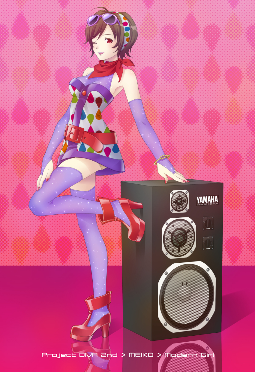 1girl, belt, bridal_gauntlets, brown_eyes, brown_hair, elbow_gloves, female_focus, fingerless_gloves, glasses, gloves, hairband, high_heels, highres, kirita_asami, legs, meiko_(modern_girl)_(vocaloid), meiko_(vocaloid), nail_polish, one_eye_closed, print_thighhighs, project_diva, project_diva_(series), project_diva_2nd, purple_thighhighs, red_eyes, red_nails, shoes, short_hair, smile, solo, speaker, star_(sky), thighhighs, vocaloid, wink, zettai_ryouiki