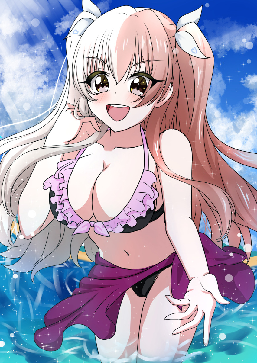 1girl, bikini, blonde_hair, blue_sky, blush, breasts, brown_eyes, cleavage