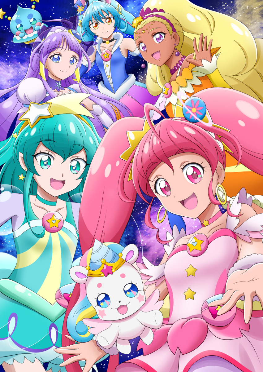 5girls, :d, absurdres, ahoge, animal_ears, antennae, aqua_choker, aqua_dress