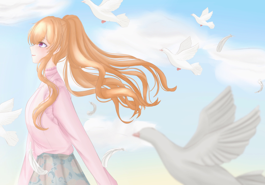 1girl, bird, blue_sky, blush, closed_mouth, cloud, cloudy_sky, d4dj