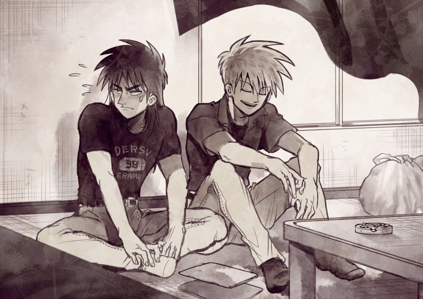 2boys, akagi:_yami_ni_oritatta_tensai, akagi_shigeru, ashtray, blush, cigarette, closed_mouth, collared_shirt, commentary_request, curtains, flying_sweatdrops, frown, fukumoto_mahjong, full_body, greyscale, indoors, itou_kaiji, tobaku_mokushiroku_kaiji, katatsumuri_(kataaaaaaaaa), long_hair, looking_afar, looking_to_the_side, male_focus, monochrome, multiple_boys, no_shoes, open_mouth, pants, print_shirt, shirt, short_hair, short_sleeves, sitting, smile, socks, t-shirt, teeth, trash_bag, upper_teeth_only, window