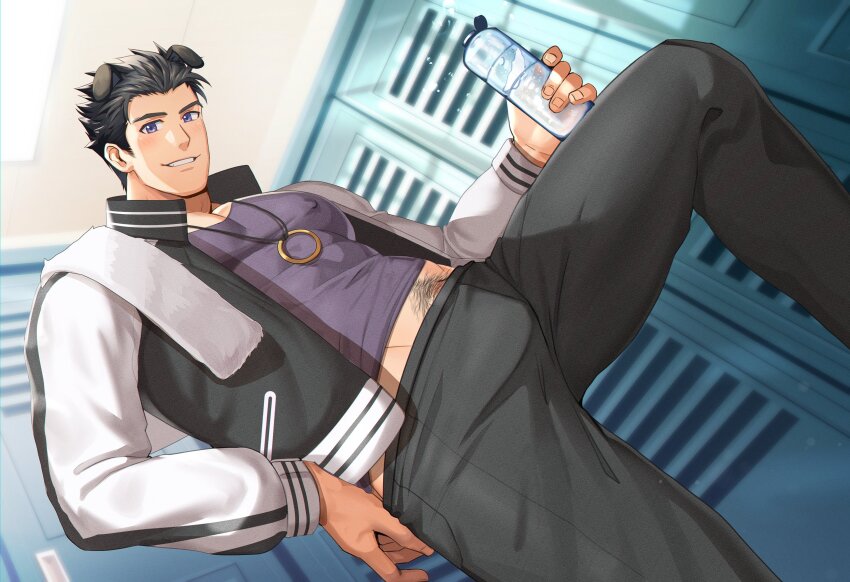 1boy, absurdres, animal_ears, arkapami, bara, black_hair, black_jacket, black_pants, black_tank_top, blush, bottle, covered_erect_nipples, dog_boy, dog_ears, highres, holding, holding_bottle, jacket, jewelry, large_pectorals, male_focus, mikawa_kuro, muscular, muscular_male, necklace, open_clothes, open_jacket, paid_reward_available, pants, pectorals, short_hair, smile, solo, tank_top, teeth, towel, towel_on_one_shoulder, uchitama?!, water_bottle, white_jacket