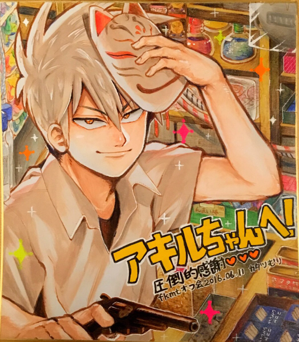 1boy, akagi:_yami_ni_oritatta_tensai, akagi_shigeru, black_shirt, bottle, box, brown_eyes, closed_mouth, commentary_request, dated, fox_mask, fukumoto_mahjong, grey_hair, gun, hair_between_eyes, handgun, holding, holding_gun, holding_mask, holding_weapon, indoors, katatsumuri_(kataaaaaaaaa), long_bangs, looking_at_viewer, male_focus, mask, mask_on_head, revolver, shirt, short_hair, short_sleeves, smile, solo, sparkle, translation_request, undershirt, upper_body, v-shaped_eyebrows, weapon, white_shirt