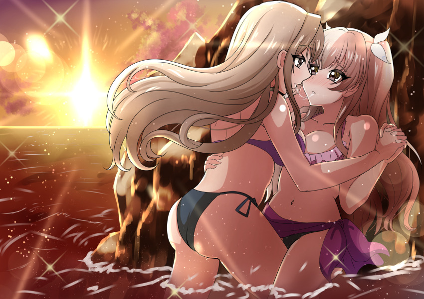 2girls, ass, bikini, blonde_hair, blush, breasts, brown_eyes, brown_hair, cleavage, cloud, d4dj, half_updo, highres, holding_hands, in_water, large_breasts, long_hair, looking_at_another, medium_breasts, mito_youki, multicolored_hair, multiple_girls, ocean, orange_sky, pink_hair, saliva, saliva_trail, shinomiya_kokoa, sky, split-color_hair, sunset, swimsuit, tendou_hayate, twintails, yuri