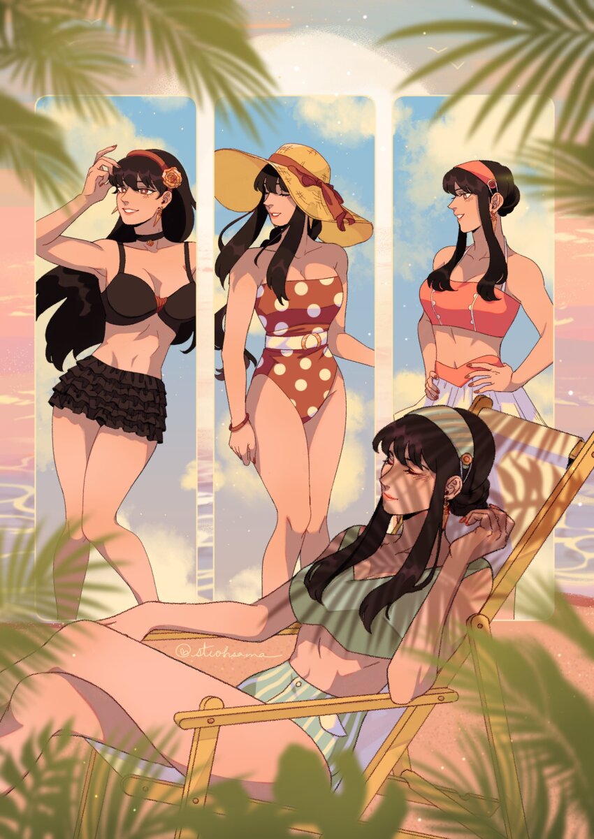 1girl, absurdres, alternate_costume, arm_up, artist_name, beach, beach_chair, bikini