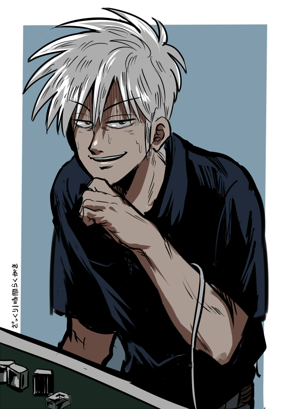 1boy, akagi:_yami_ni_oritatta_tensai, akagi_shigeru, black_shirt, blue_background, commentary_request, fukumoto_mahjong, grey_eyes