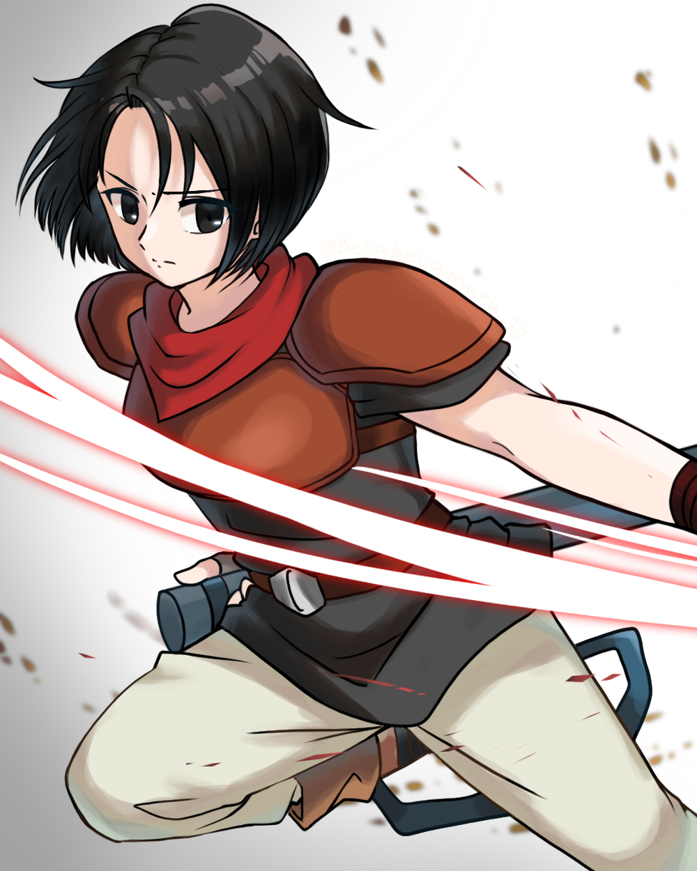 1girl, armor, bandana, belt, betabetamaru, black_eyes, black_hair, black_shirt