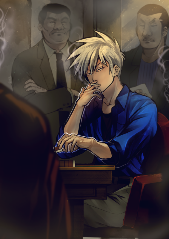 4boys, akagi:_yami_ni_oritatta_tensai, akagi_shigeru, black_necktie, black_shirt, blazer, blue_shirt, chair