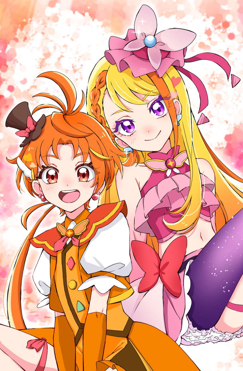1boy, 1girl, :d, bare_shoulders, belt_bow, black_headwear, blonde_hair, blush, bow, braid, brooch, butterfly_earrings, butterfly_hat_ornament, closed_mouth, commentary, crop_top, cure_butterfly, cure_wing, detached_sleeves, dress, earrings, frills, gloves, hair_bow, hair_ornament, hat, hat_bow, hat_ornament, highres, hijiri_ageha, hirogaru_sky!_precure, jewelry, long_hair, looking_at_viewer, magical_boy, magical_girl, midriff, mini_hat, mini_top_hat, multicolored_hair, navel, open_mouth, orange_dress, orange_gloves, orange_hair, orange_sailor_collar, orange_shorts, orange_vest, pink_bow, pink_headwear, pink_skirt, ponytail, precure, puffy_short_sleeves, puffy_sleeves, purple_eyes, red_bow, red_eyes, reira_(reomimi0211), ribbon, sailor_collar, short_hair, short_sleeves, shorts, single_leg_pantyhose, sitting, skirt, smile, top_hat, very_long_hair, vest, wing_hair_ornament, yuunagi_tsubasa