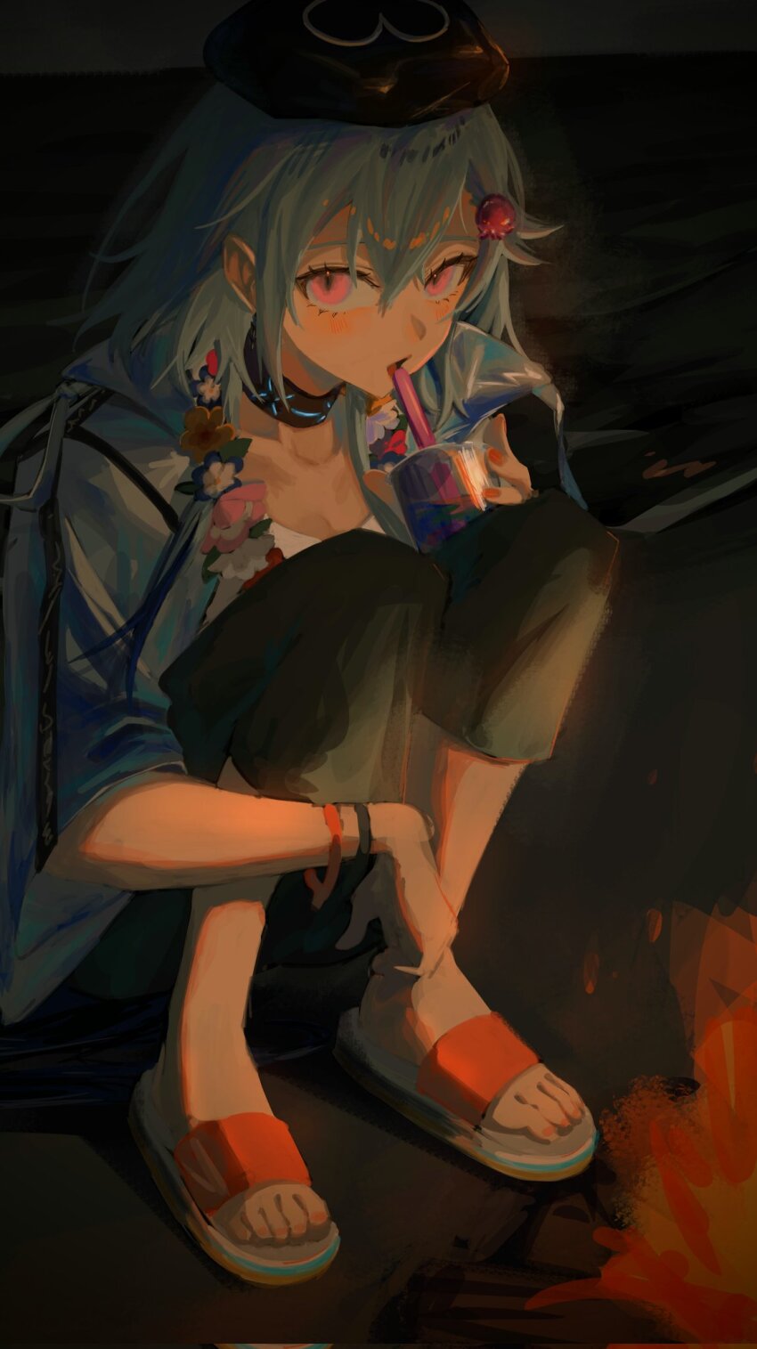 1boy, arknights, beret, blue_hat, blue_shirt, blush, bracelet, collared_shirt