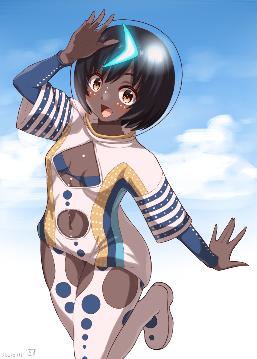 1girl, black_hair, blue_hair, blue_sky, bodysuit, breasts, brown_eyes, cleavage_cutout