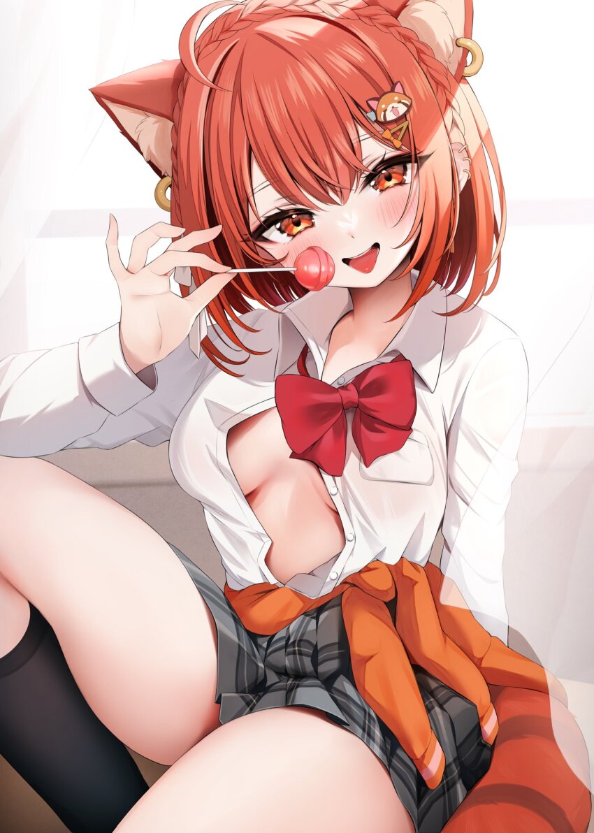 1girl, ahoge, animal_ear_fluff, animal_ears, black_socks, bow, bowtie, braid, breasts, candy, cardigan, cardigan_around_waist, clothes_around_waist, food, grey_skirt, hair_ornament, hairclip, highres, holding, holding_candy, holding_food, holding_lollipop, lollipop, long_sleeves, looking_at_viewer, medium_breasts, namagome_negi, navel, nijisanji, open_mouth, orange_cardigan, plaid_clothes, plaid_skirt, ratna_petit, ratna_petit_(5th_costume), red_bow, red_bowtie, red_eyes, red_hair, school_uniform, shirt, sitting, skirt, socks, solo, thighs, underboob, virtual_youtuber, white_shirt