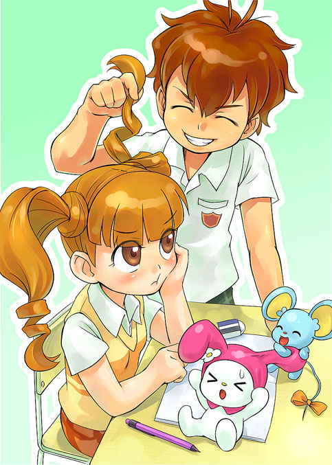 00s, 1boy, 1girl, annoyed, brown_eyes, brown_hair, child, closed_eyes