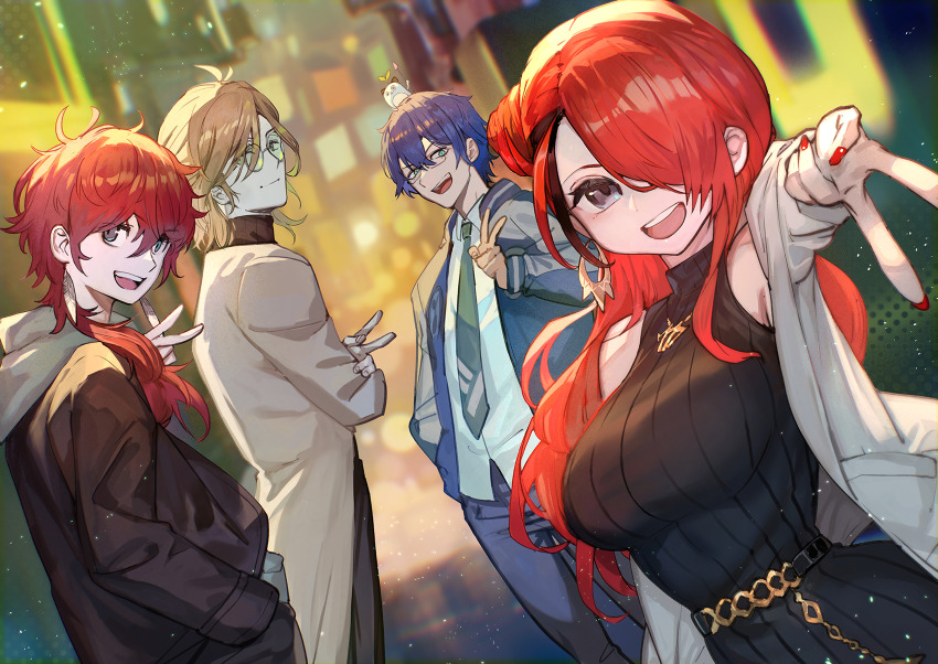 1girl, 3boys, aqua_eyes, black_dress, black_hair, black_jacket, black_pants, blue_hair, blue_jacket, blue_pants, breasts, brown_coat, brown_hair, coat, commentary, dress, dutch_angle, earrings, eden-gumi, grey_eyes, grey_hoodie, grey_necktie, hair_over_one_eye, highres, hood, hoodie, hoop_earrings, jacket, jewelry, lack, lain_paterson, lain_paterson_(4th_costume), large_breasts, lauren_iroas, lauren_iroas_(3rd_costume), leos_vincent, light_particles, long_hair, looking_at_viewer, mameneko_(leos_vincent), multicolored_hair, multiple_boys, necktie, nijisanji, off_shoulder, oliver_evans, oliver_evans_(2nd_costume), pants, red_hair, red_nails, ribbed_dress, road, round_eyewear, shirt, short_hair, sidelocks, sleeveless, sleeveless_dress, smile, streaked_hair, street, swept_bangs, teeth, upper_teeth_only, v, virtual_youtuber, white_shirt