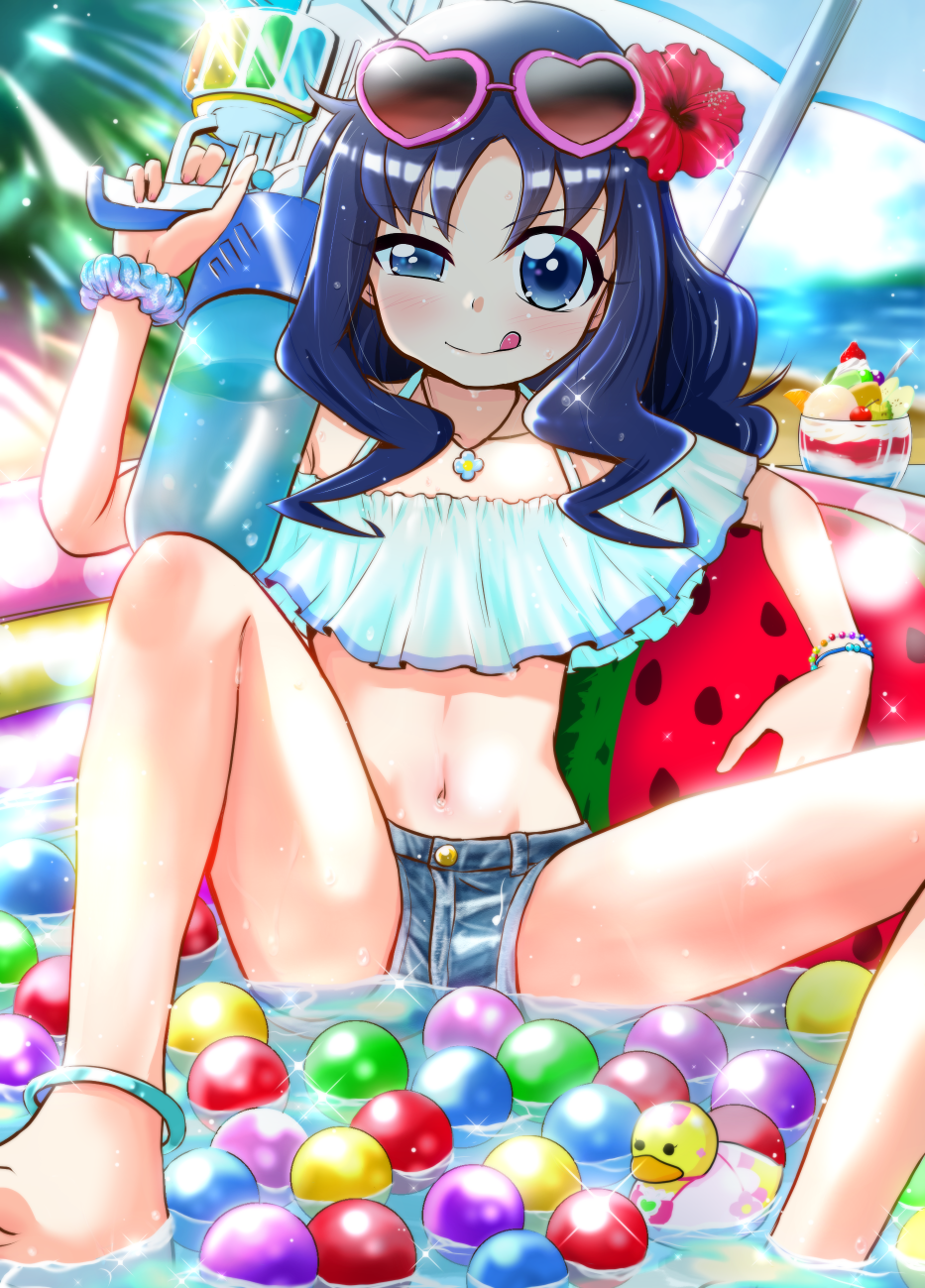 1girl, :p, barefoot, bikini, blue_eyes, blue_hair, bracelet, buta_obutu, denim, denim_shorts, eyewear_on_head, flower, food, foot_out_of_frame, hair_flower, hair_ornament, heart, heart-shaped_eyewear, heartcatch_precure!, highres, ice_cream, jewelry, knees_up, kurumi_erika, legs, long_hair, looking_at_viewer, navel, pool, precure, scrunchie, shiny_skin, shorts, solo, sundae, sunglasses, swimsuit, tongue, tongue_out, water_gun