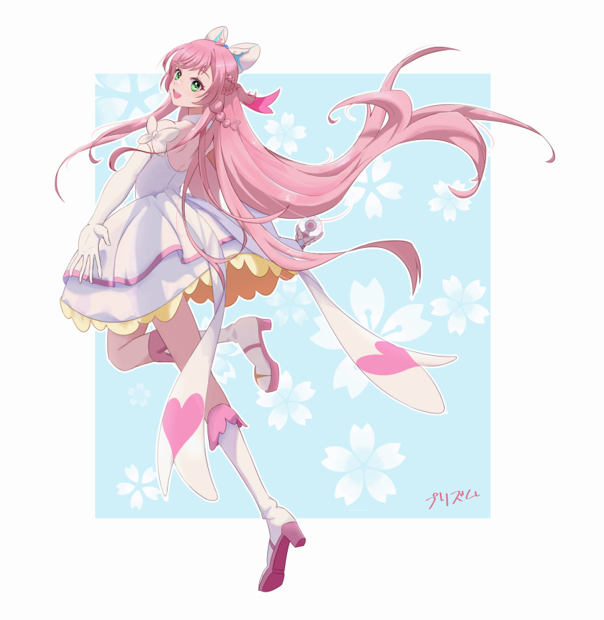 1girl, absurdres, ascot, ayesha618, backless_dress, backless_outfit, blue_background, boots